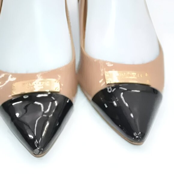 Coach Black Tan Beige Minimalist Cap Toe Spectator Patent Leather Heels Pumps 7 - Picture 6 of 14